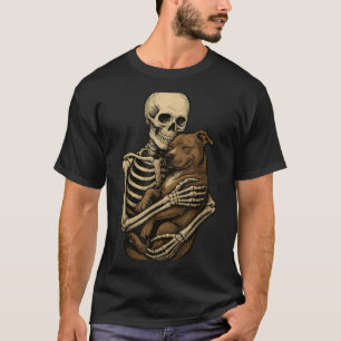 Skelett som kramar Pittie-hund Pit Bull Roligt T Shirt