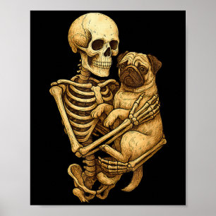 Skelett som kramar pug Halloween Pugs Älskare Pug Poster