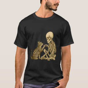 Skelett som leker med katt Söt Halloween Män Pojka T Shirt