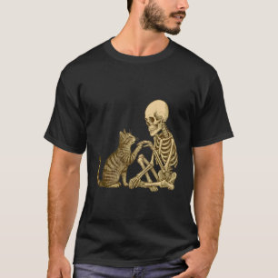 Skelett som leker med katt Söt Halloween Män Pojka T Shirt