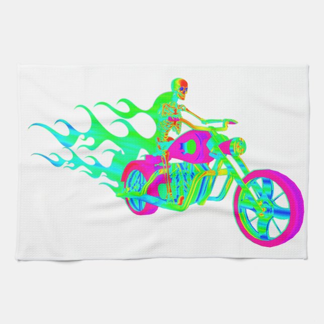 Skelett som rider en motorcykel kökshandduk (Horisontell)