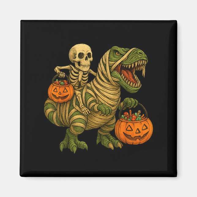 Skelett som rider Mummy Dinosaurie T Rex Halloween Magnet (Framsidan)