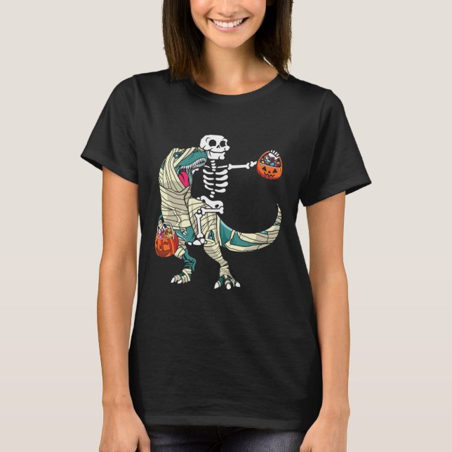 Skelett som rider Mummy Dinosaurie T Rex Halloween Shirt (Framsida)
