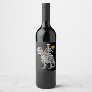 Skelett som rider Mummy Dinosaurie T rex Halloween Vinflaska Etikett