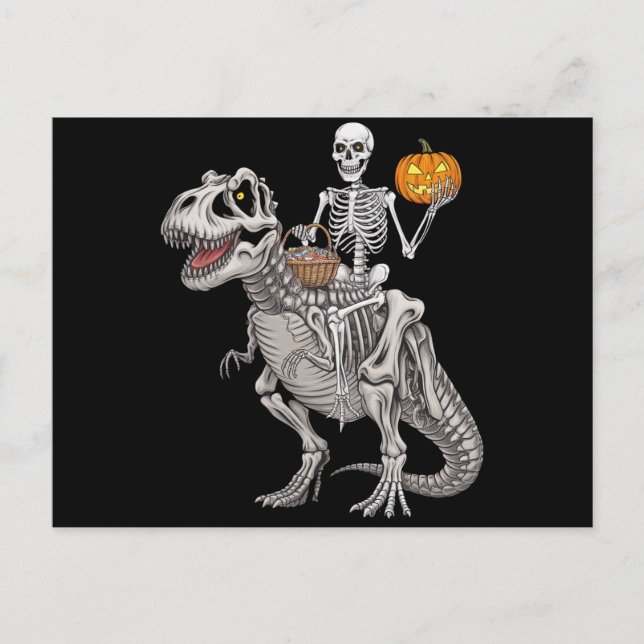 Skelett som rider Mummy Dinosaurie T rex Halloween Vykort (Framsida)