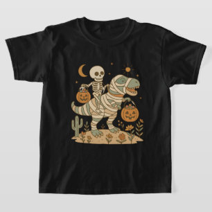 Skelett som rider på dinosaur med godis t shirt