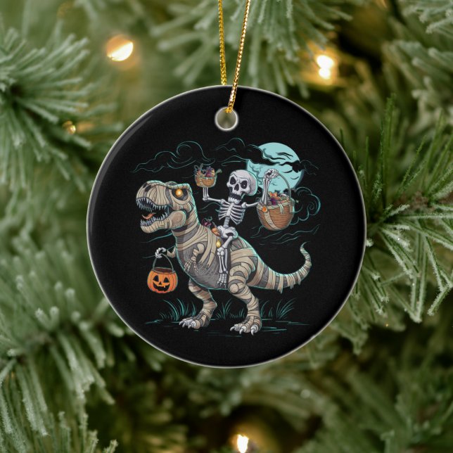 Skelett som rider på dinosaur T rex Halloweenpumpa Julgransprydnad Keramik (Träd)