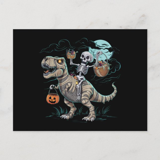 Skelett som rider på dinosaur T rex Halloweenpumpa Vykort (Framsida)