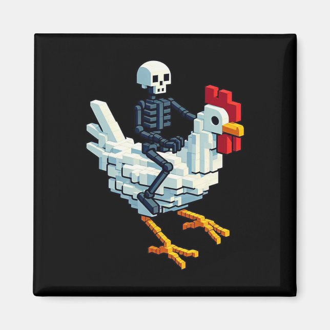 Skelett som rider på kyckling Block Style Pixel Ar Magnet (Framsidan)
