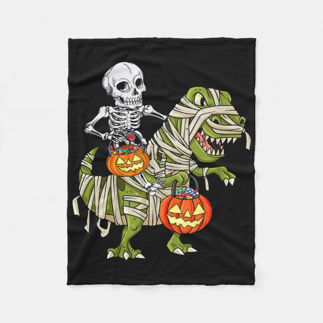 Skelett som rider på Mummy Dinosaur T Rex Hallowee Fleecefilt (Framsidan)
