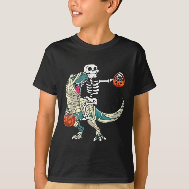 Skelett som rider på Mummy Dinosaur T Rex Hallowee Shirt (Framsida)