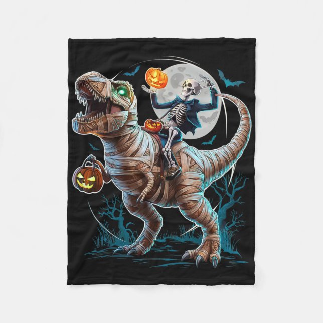 Skelett som rider på Mummy Pumpa T Rex Dinosaur Ro Fleecefilt (Framsidan)