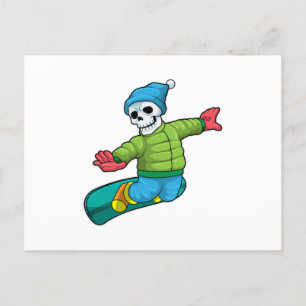 Skelett som snowboardåkare med snowboard vykort