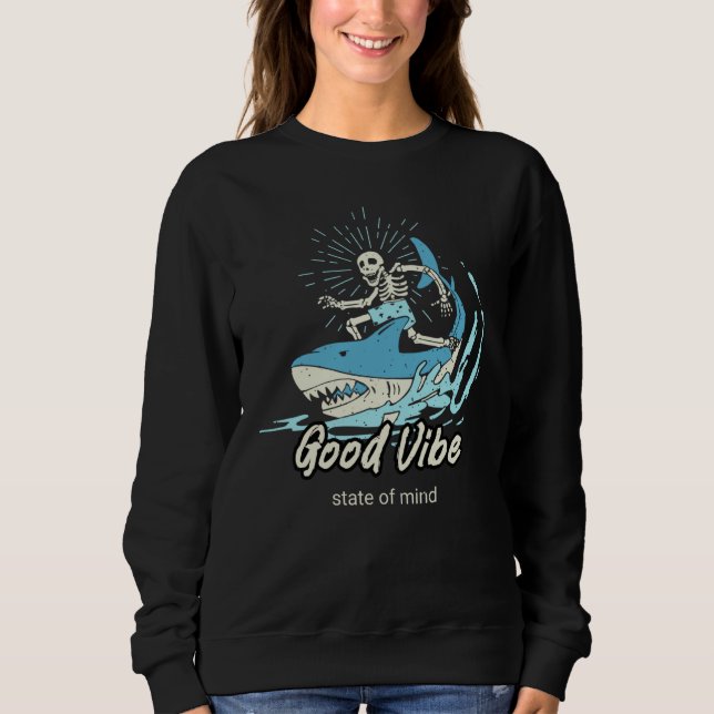 Skelett Surfande Haj  Blå Ocean God Vibration T Shirt (Framsida)