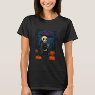 Skelett Svart Katt Lila Paraply Pumpa Halloween T Shirt