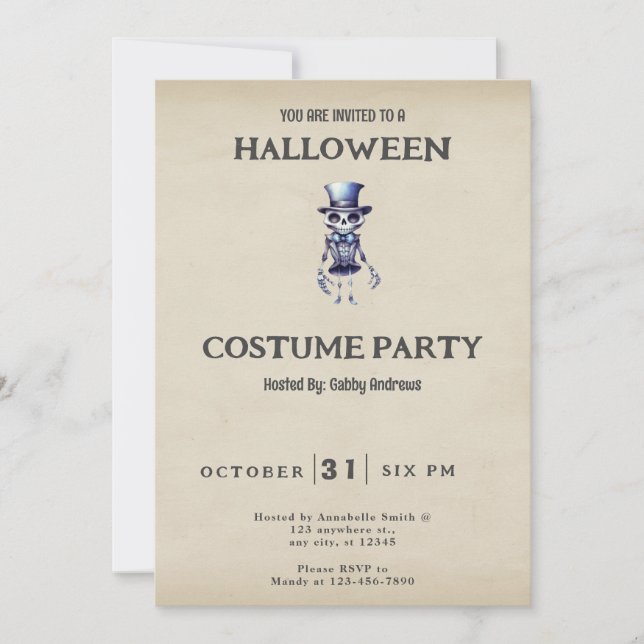 Skelett topp hatt flugsvarta slips vintage hallowe inbjudningar (Framsida)