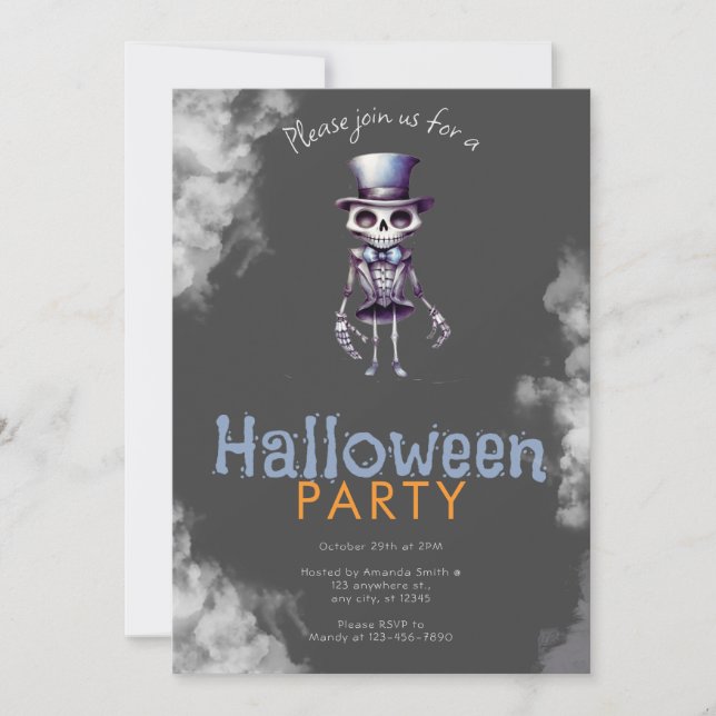 Skelett Topphatt Grå Rök Halloweenfest Inbjudningar (Framsida)