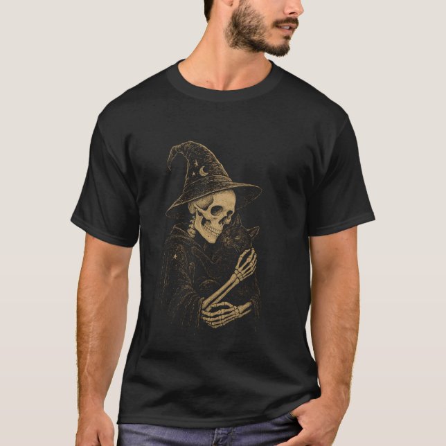 Skelett trollkarl med katt fantasy ockult t shirt (Framsida)