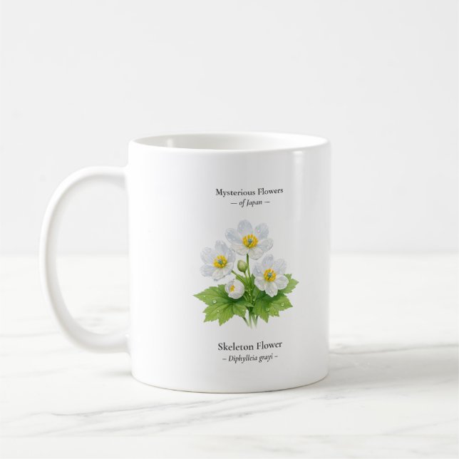 Skelettblomma i ett krus – Diphylleia grayi Kaffemugg (Vänster)