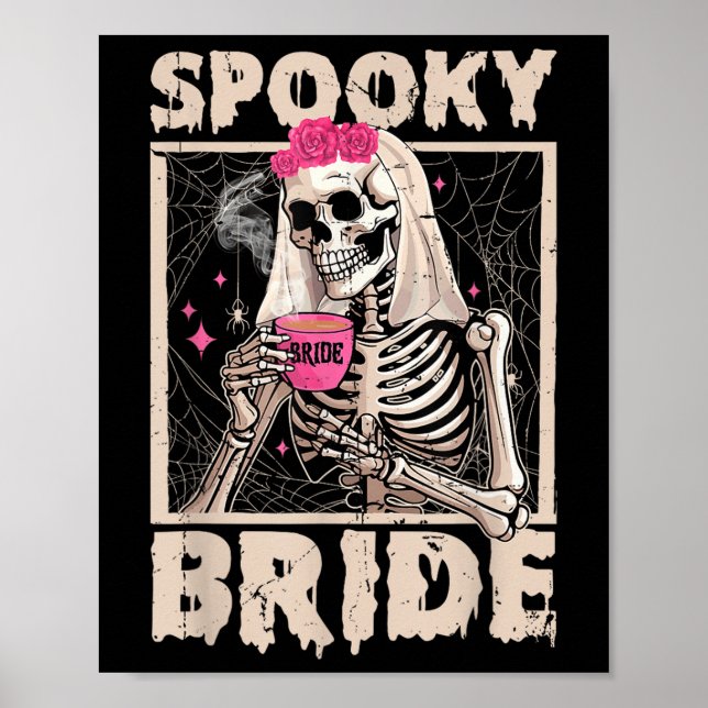 Skelettbrud dricker kaffe bröllop Halloween C Poster (Framsidan)
