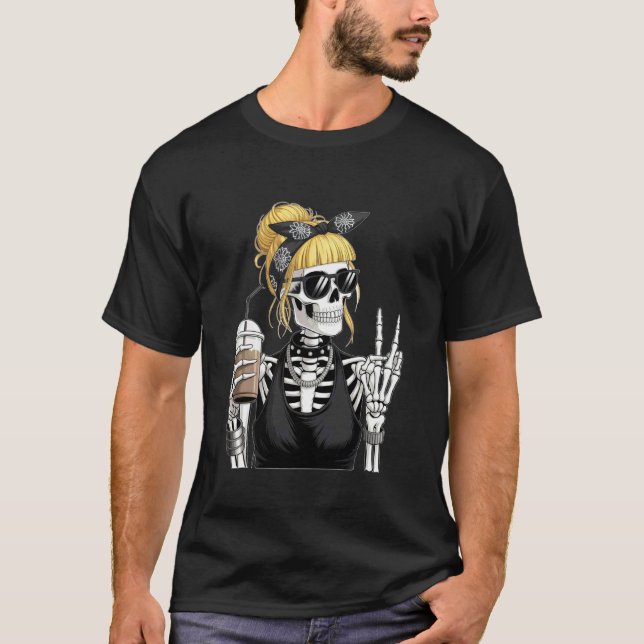 Skelettflicka dricker kaffe fredstecken Grafisk f T Shirt (Framsida)
