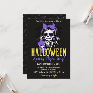 Skelettflicka Halloween spöklik nattfest lila Inbjudningar