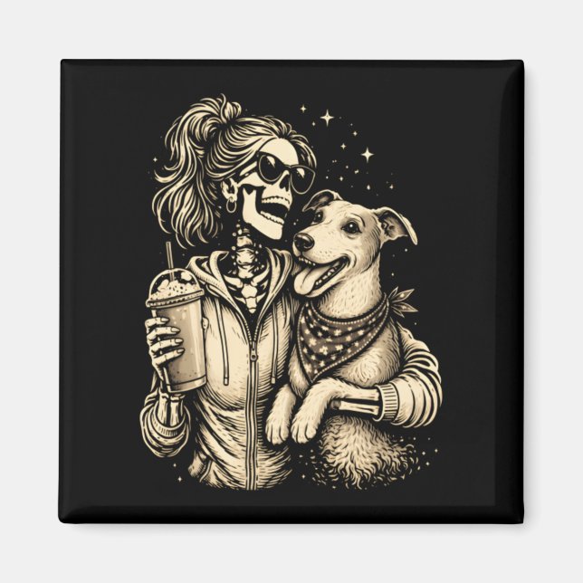 Skelettflicka som kramar hund - Cool gothisk husdj Magnet (Framsidan)