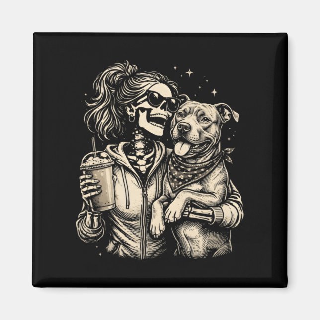 Skelettflicka som kramar hund - Cool gotisk husdju Magnet (Framsidan)