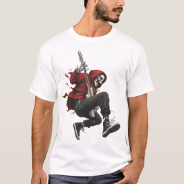 Skelettgitarrist i röd hoodie rockar  t shirt