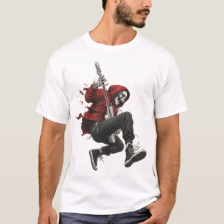 Skelettgitarrist i röd hoodie rockar  t shirt