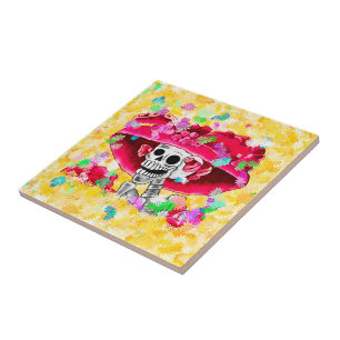 Skelettkvinnan som skrattar Dia De Los Muertos Kakelplatta
