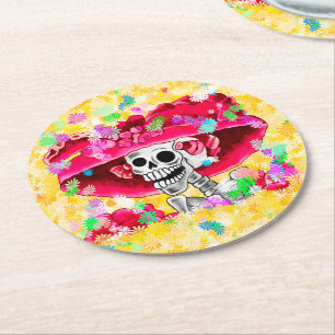 Skelettkvinnan som skrattar Dia De Los Muertos Underlägg Papper Rund