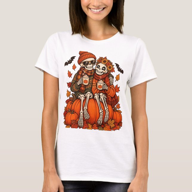 Skelettpar Pumpa Krydda Höst Halloween T Shirt (Framsida)