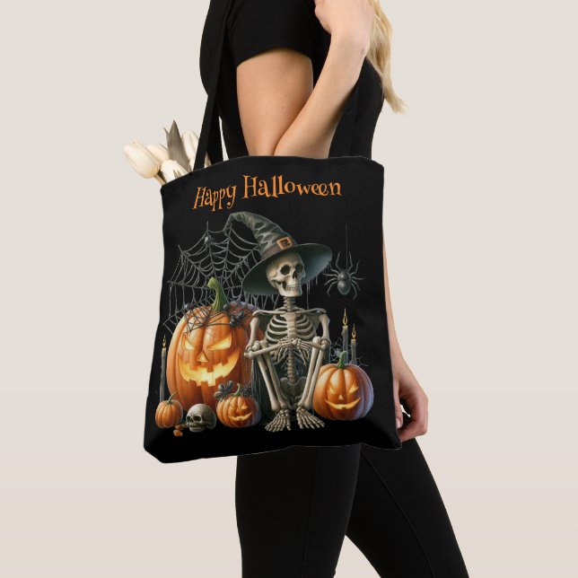 Skelettpumpa Halloween-handväska Tygkasse (Närbild)
