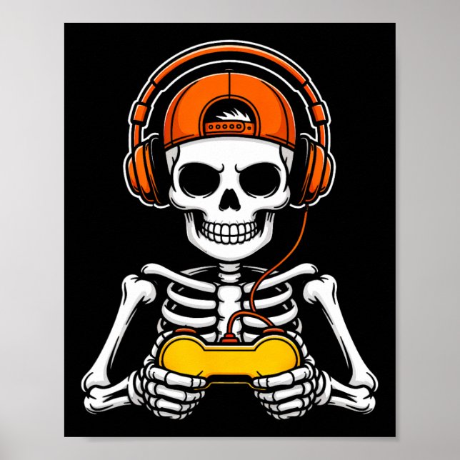 Skelettspelare Rolig Halloween-spelkontroll S Poster (Framsidan)