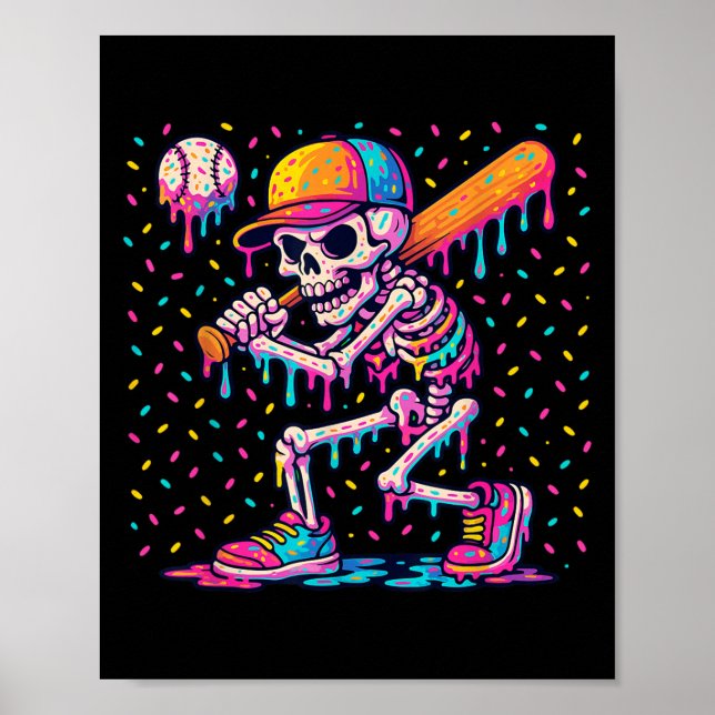 Skelton spelar baseboll Halloween Baseboll Drip B Poster (Framsidan)