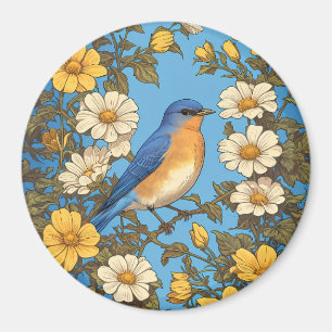 Skenbar Östra Blåfågel Gult och Vita blommor Magnet