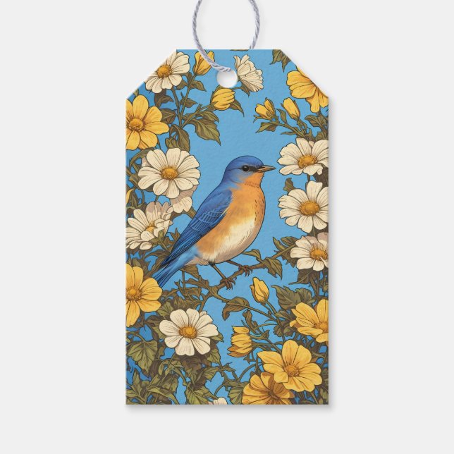 Skenbar Östra Blåfågel Gult och Vita blommor Presentetikett (Framsidan)