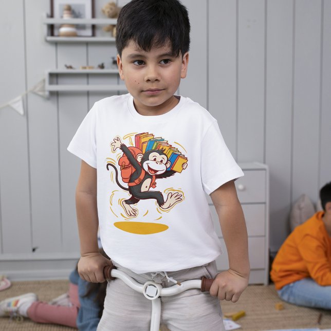 Skenbar ryggsäck för Tecknad i Monkey School & Bok T Shirt (Cheerful Monkey School Cartoon Backpack & Book Fun)