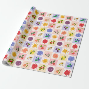 Skeppsfrukt och Sol Bees Grid Mönster Presentpapper