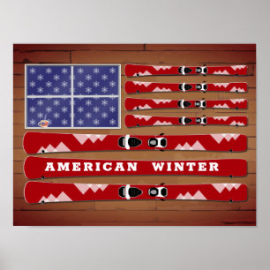 Sker och Snöflingor USA flagga med trämur Poster