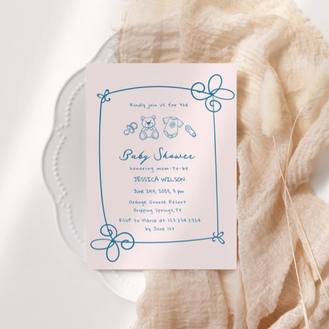 Sketad cute Vågigt Bow Ram Baby Shower Inbjudningar (Skapare uppladdad)