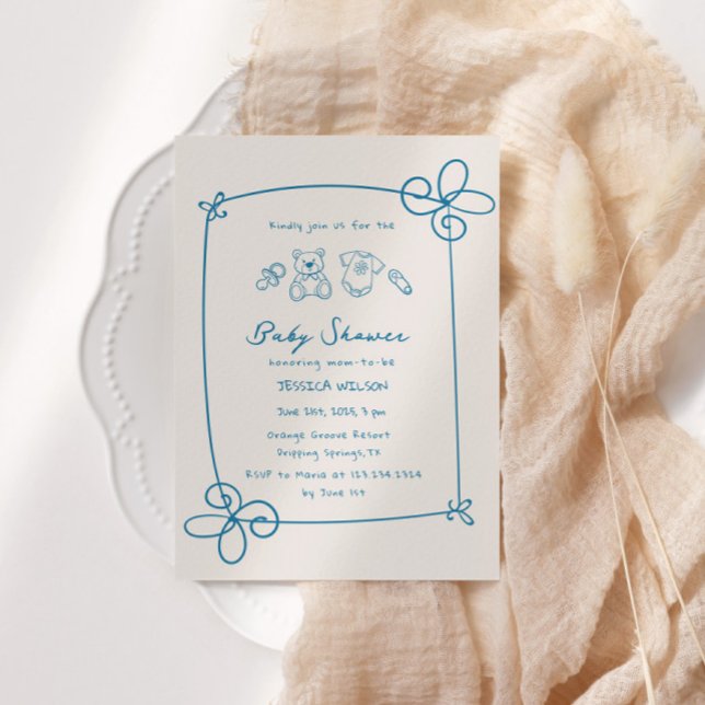 Sketad cute Vågigt Bow Ram Baby Shower Inbjudningar (Skapare uppladdad)