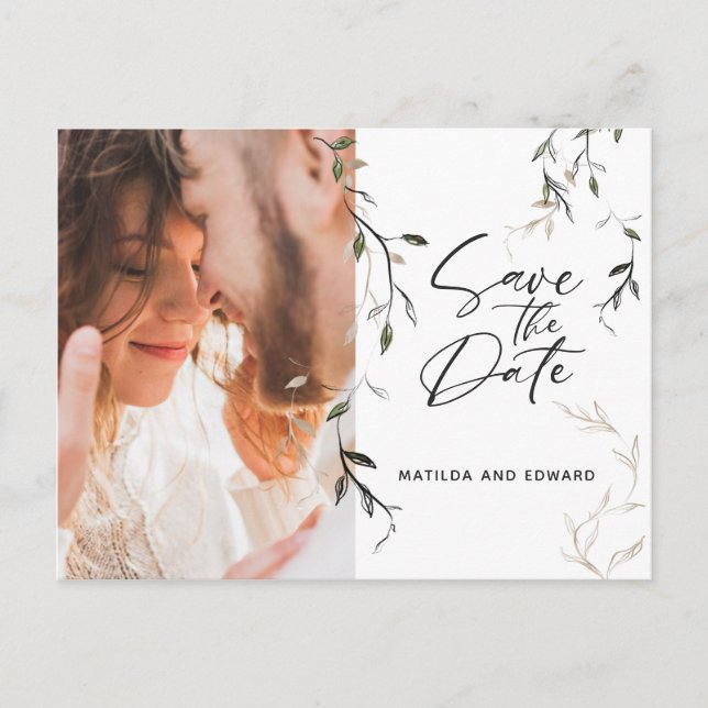 Sketat löv botaniskt bladfoto bröllop meddelande vykort (Framsida)