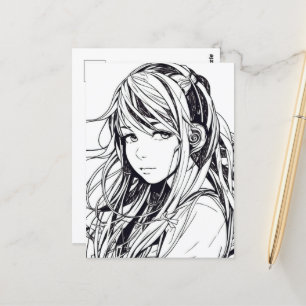 Sketch Anime Manga Girl Porträtt Vykort