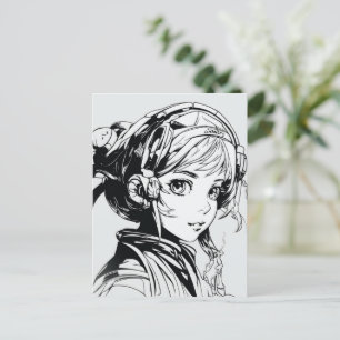 Sketch Anime Manga Girl Porträtt Vykort
