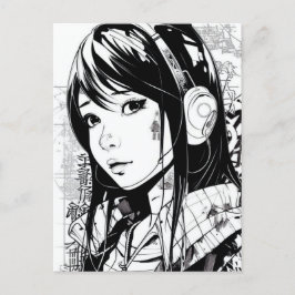 Sketch Anime Manga Girl Porträtt Vykort