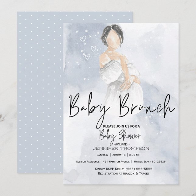 Sketch Mamma Baby Brunch Blue Baby Shower Inbjudningar (Fram/baksida)