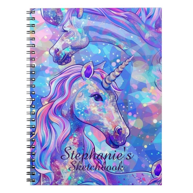 Sketchbook Unicorn Rosa Blue Iridescent Namn Anteckningsbok (Framsidan)