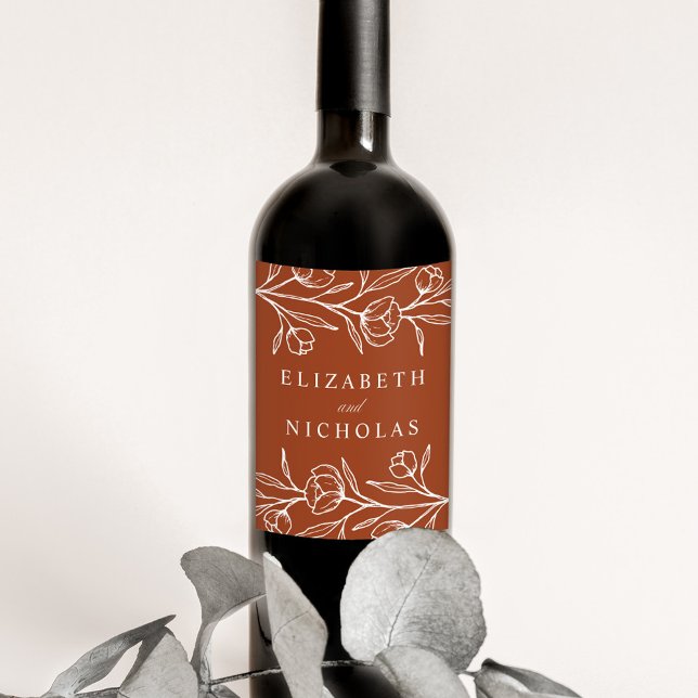 Sketched Blommigt Terracotta Bröllop Vinflaska Etikett (Skapare uppladdad)
